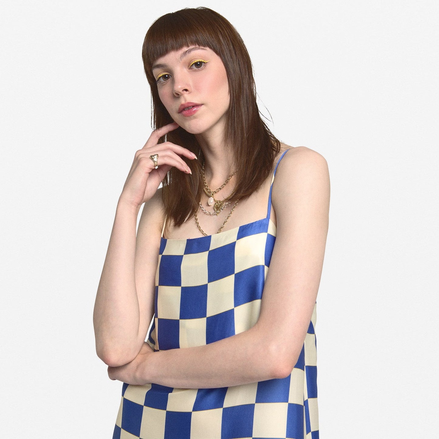 - Checked Silk Midi Dress - Blue