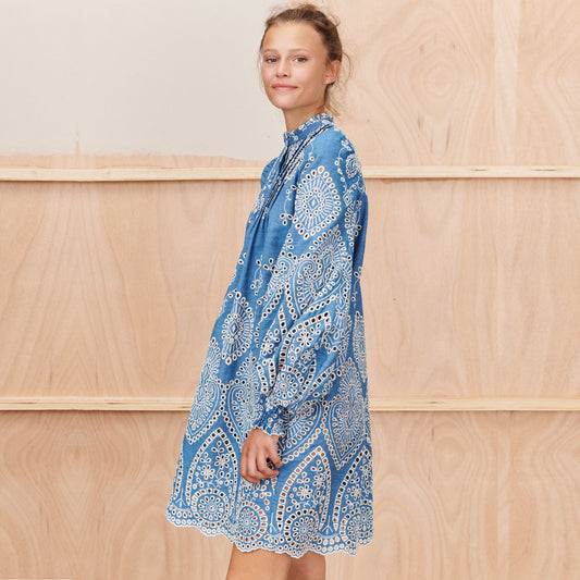 - Tepic - Embroidered Denim Dress - Blue