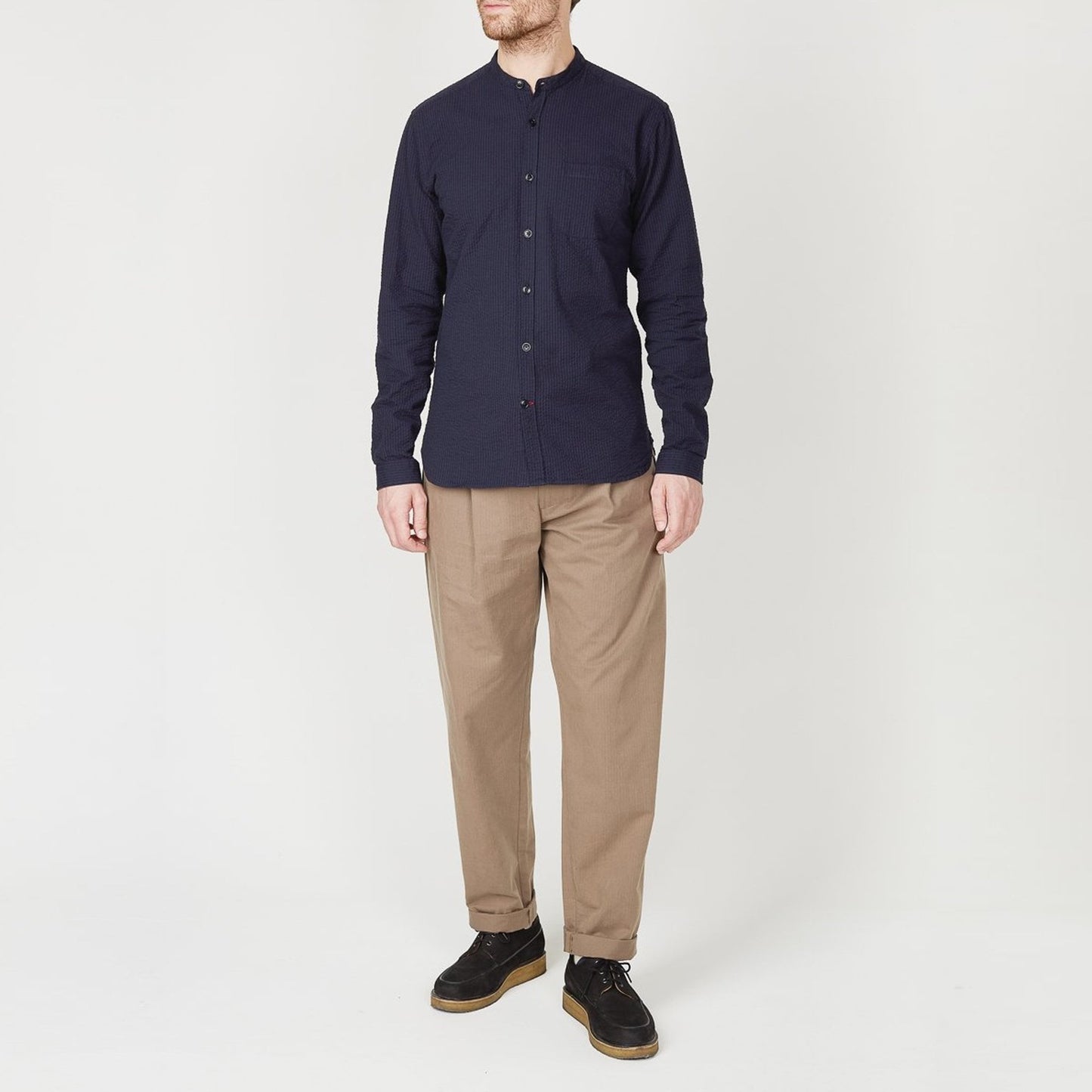 Grandad - Seersucker Cotton Shirt - Navy