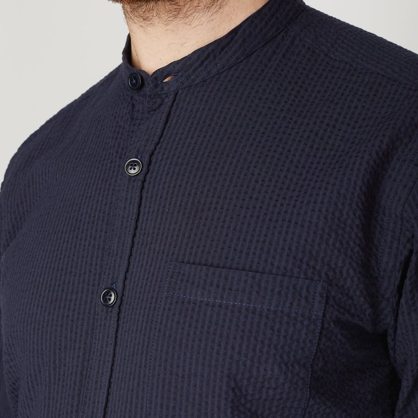 Grandad - Seersucker Cotton Shirt - Navy