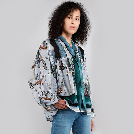 - Shery Bird Print Top - Blue/Multi