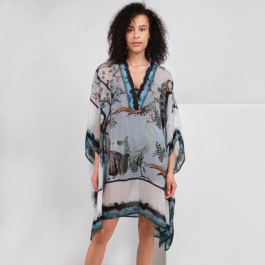 - Aliza Bird Print Poncho - Blue/Multi