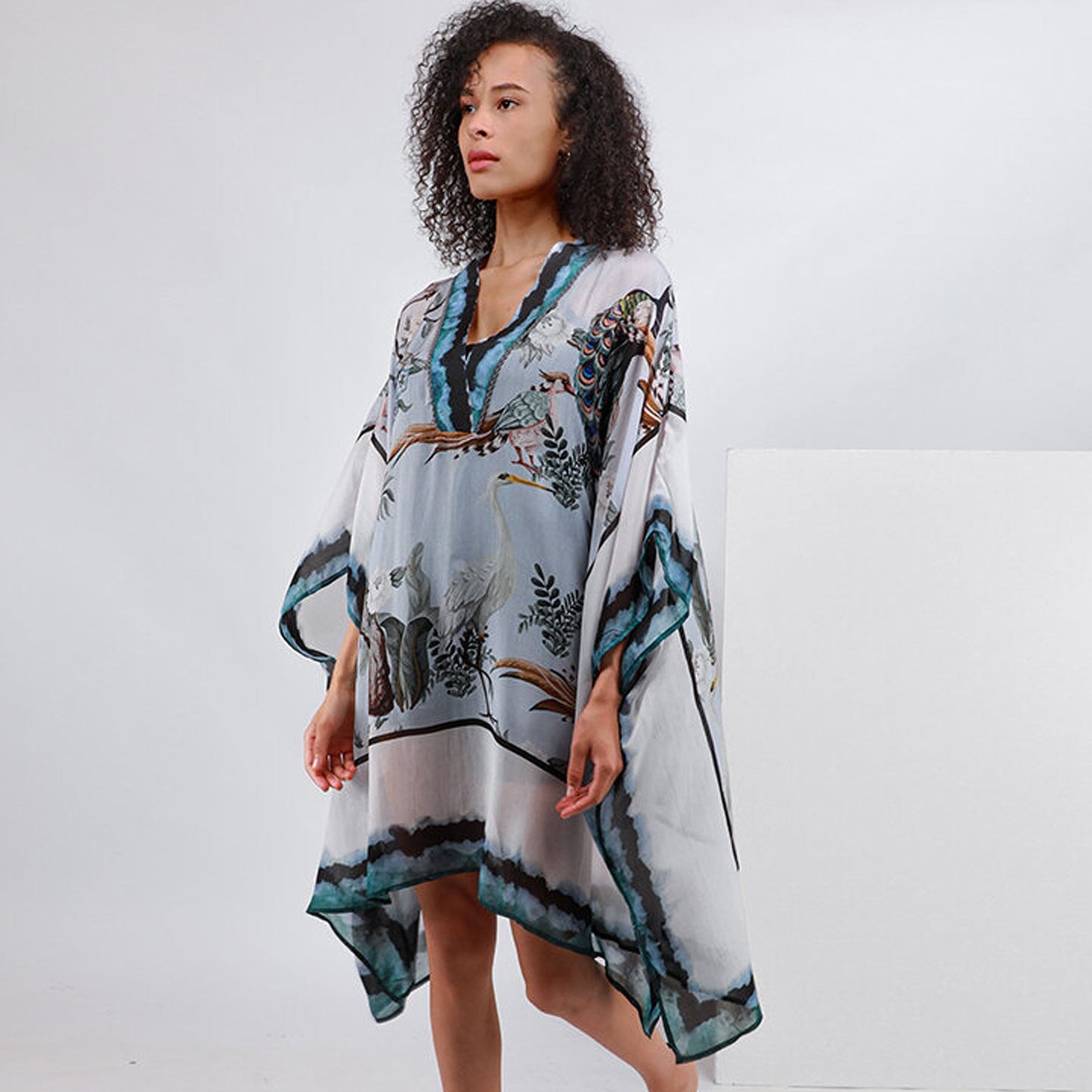 - Aliza Bird Print Poncho - Blue/Multi