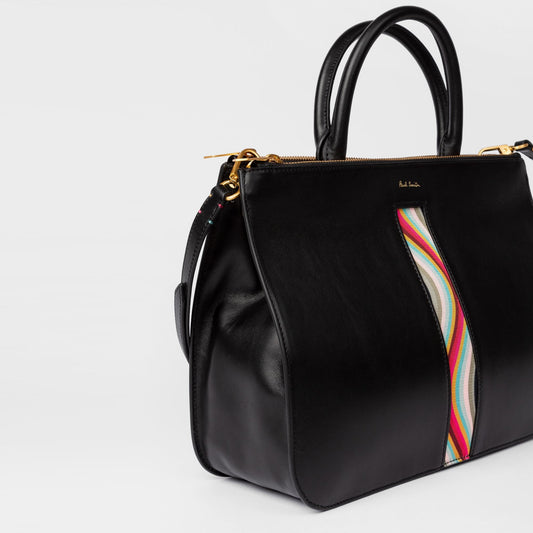 Leather Tote Bag With 'Swirl' Print - Black