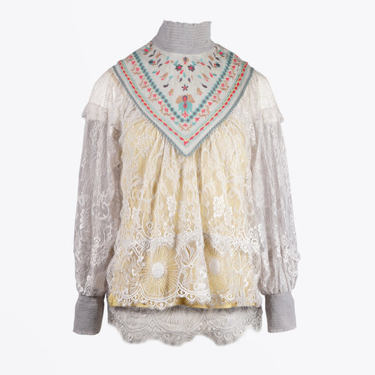 - Rita Lace Top With Embroidery - Grey/Multi