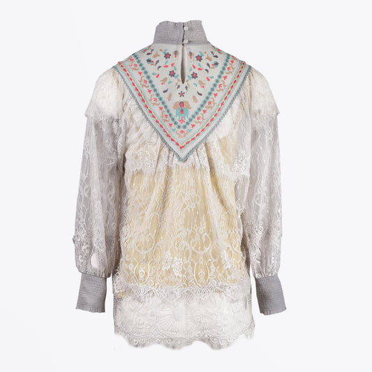 - Rita Lace Top With Embroidery - Grey/Multi
