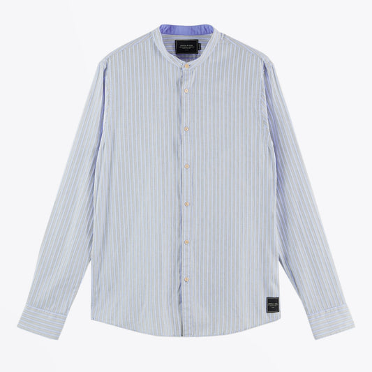 - Collarless Organic Cotton Shirt - Blue/White