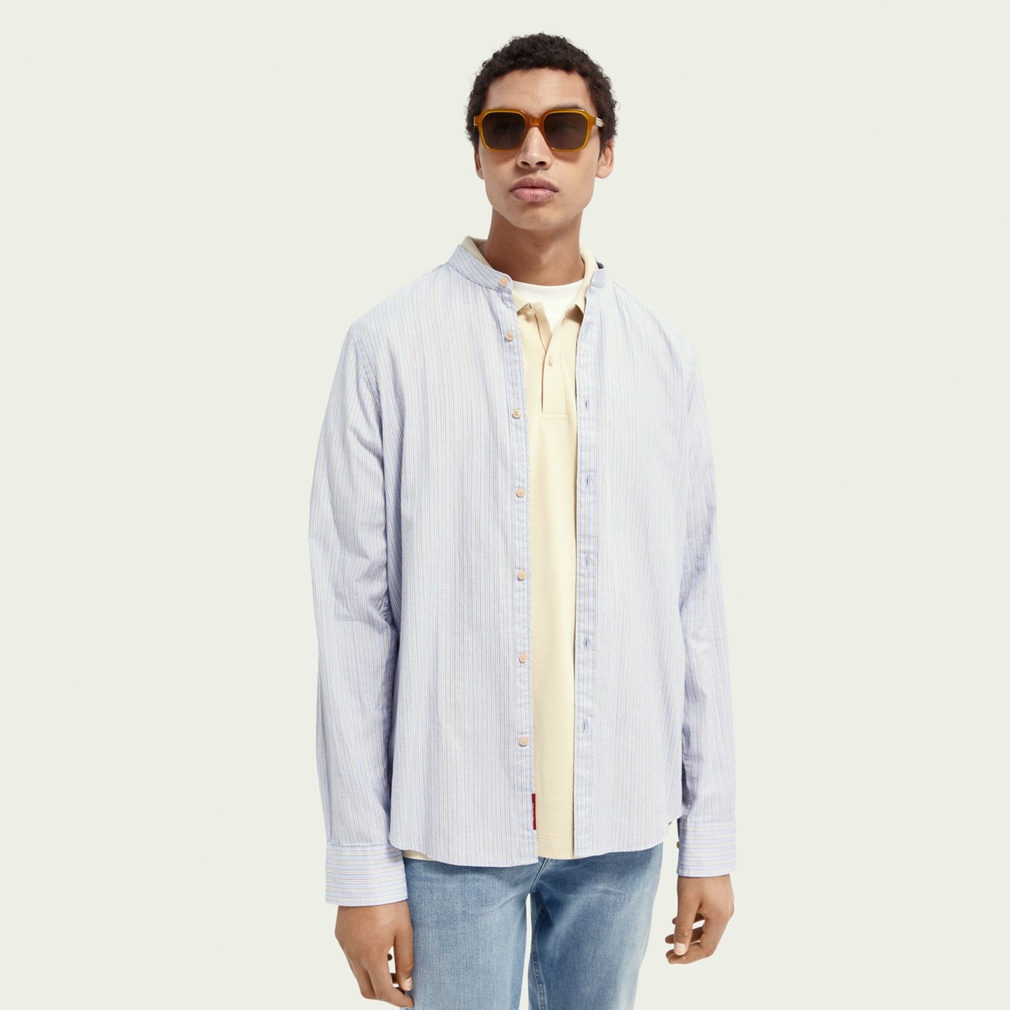- Collarless Organic Cotton Shirt - Blue/White