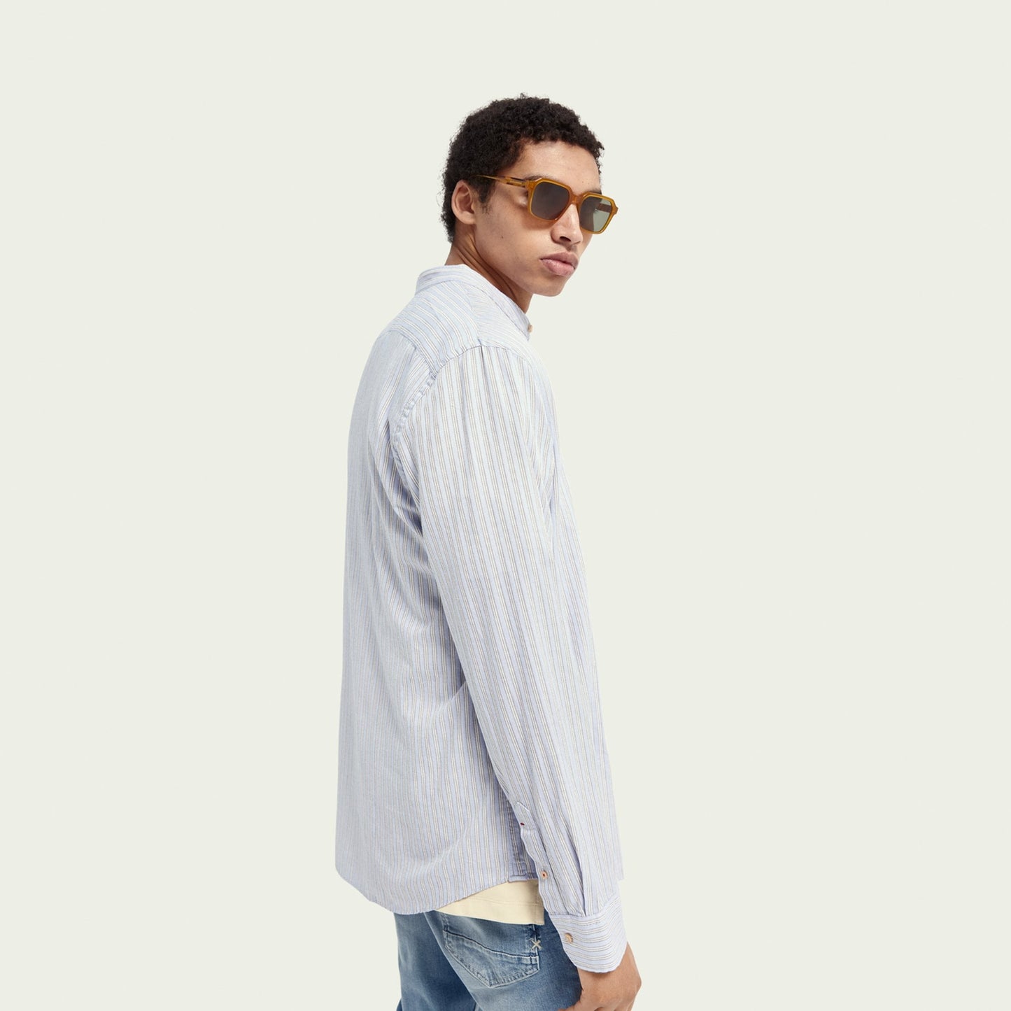 - Collarless Organic Cotton Shirt - Blue/White