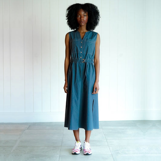 Florida - Sleeveless Belted Dress - Grey/Blue