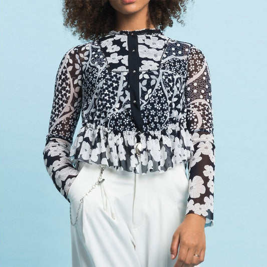 - Anywise - Floral Cardigan Jacket - Navy