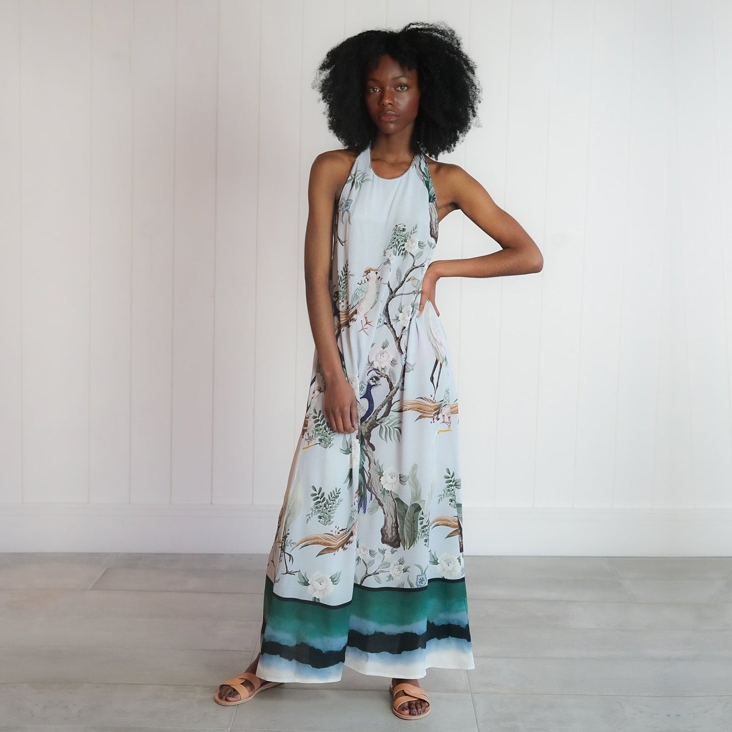 - Azlyn Halterneck Bird Print Dress - Blue/Multi