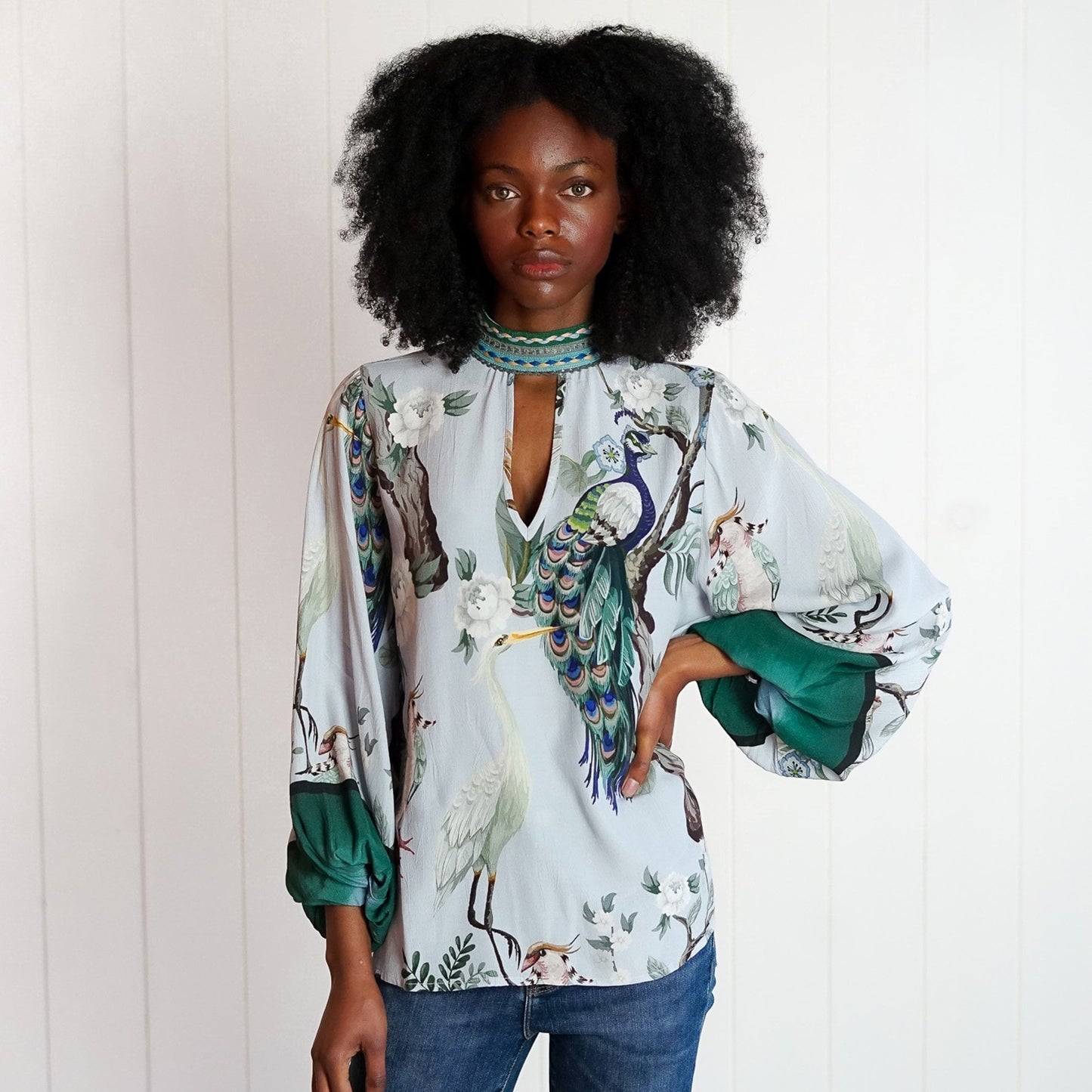 Misa Bird Print Top - Blue/Multi