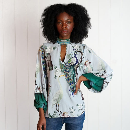 Misa Bird Print Top - Blue/Multi