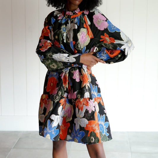 Jasmine - Embroidered Floral Dress - Black/Multi