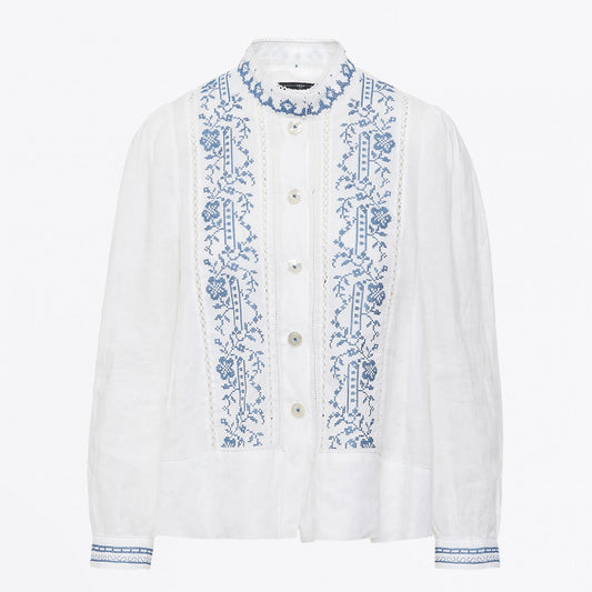 - Dreamlike - Blue Embroidered Shirt - White