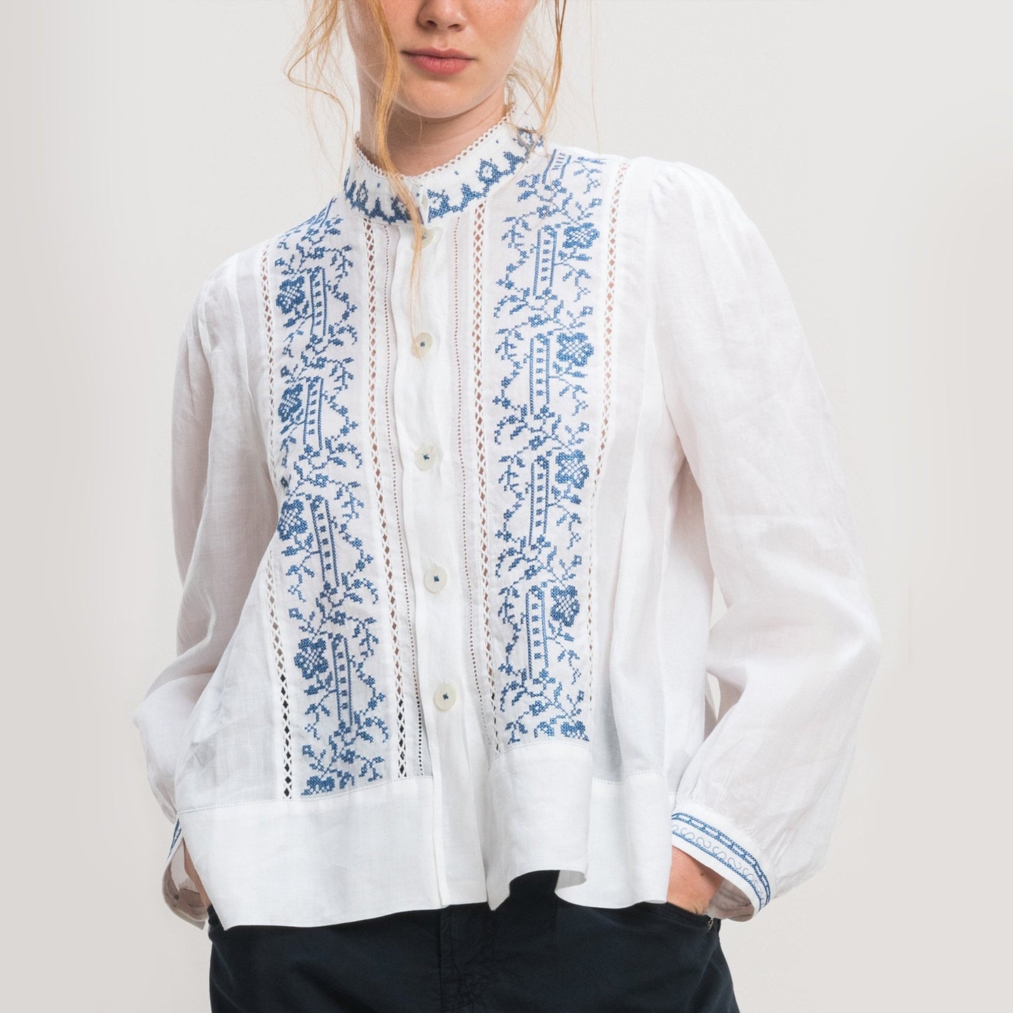- Dreamlike - Blue Embroidered Shirt - White
