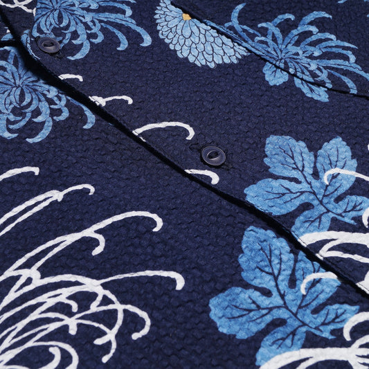 - Open Collar Japanese Flower Shirt - Blue