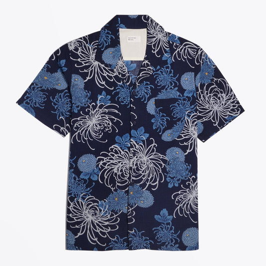 - Open Collar Japanese Flower Shirt - Blue
