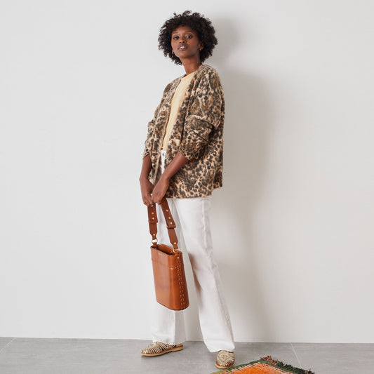 Lam Felin - Leopard Print Knitted Cardigan - Beige
