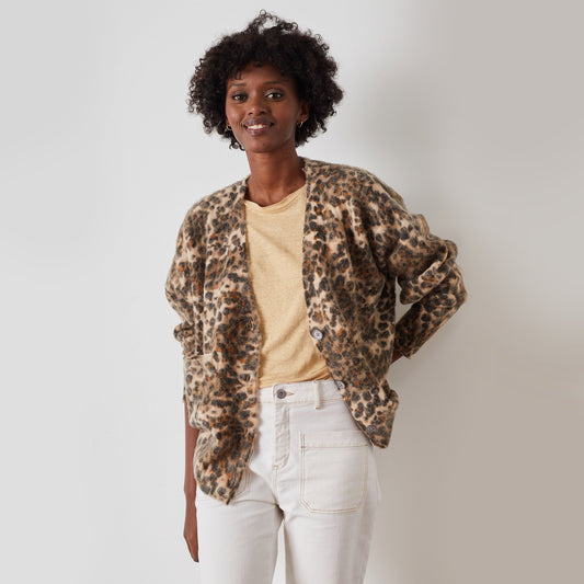 Lam Felin - Leopard Print Knitted Cardigan - Beige