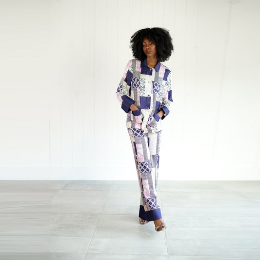 - Sammy Silk Cotton Trousers - Dark Patchwork