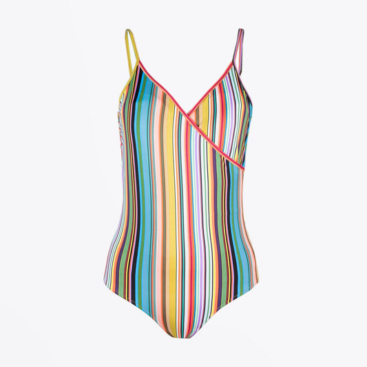 - Stripe Print Wrap Swimsuit - Multi