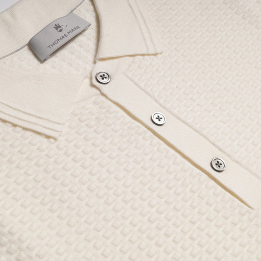 - Cashmere Blend Textured Knit Polo - Cream