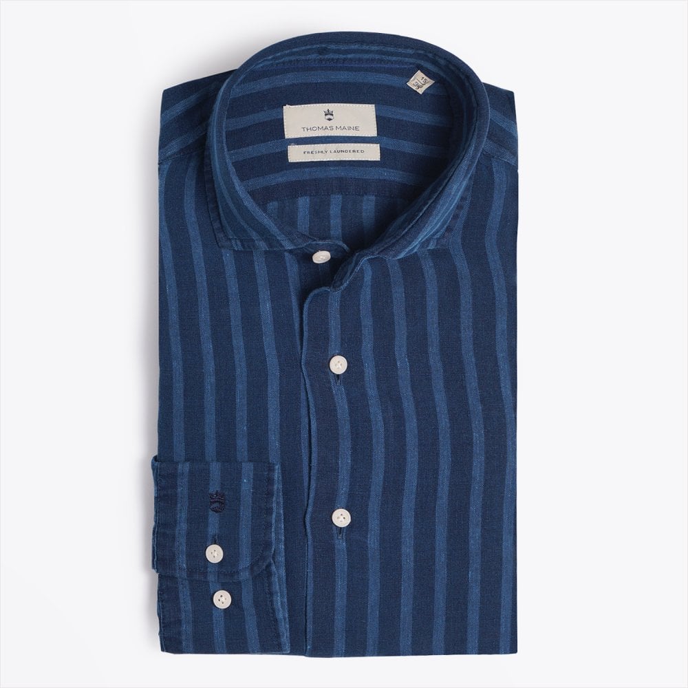 Thomas Linen Stripe Shirt - Navy