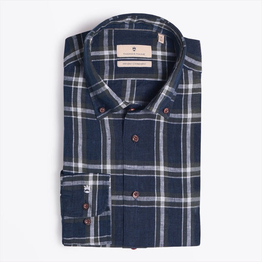 Linen Check Shirt - Navy