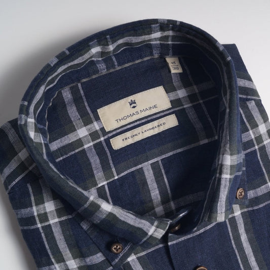 Linen Check Shirt - Navy