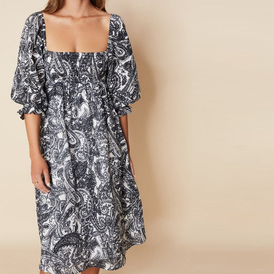 Moira Midi Dress - Faye Paisley Print Charcoal