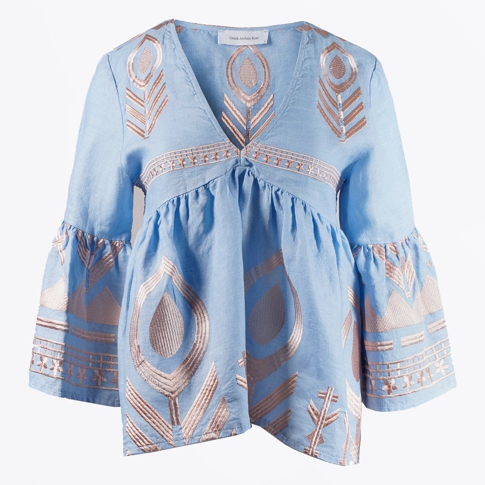 Greek Linen Feather Embroidered Top - Light Blue