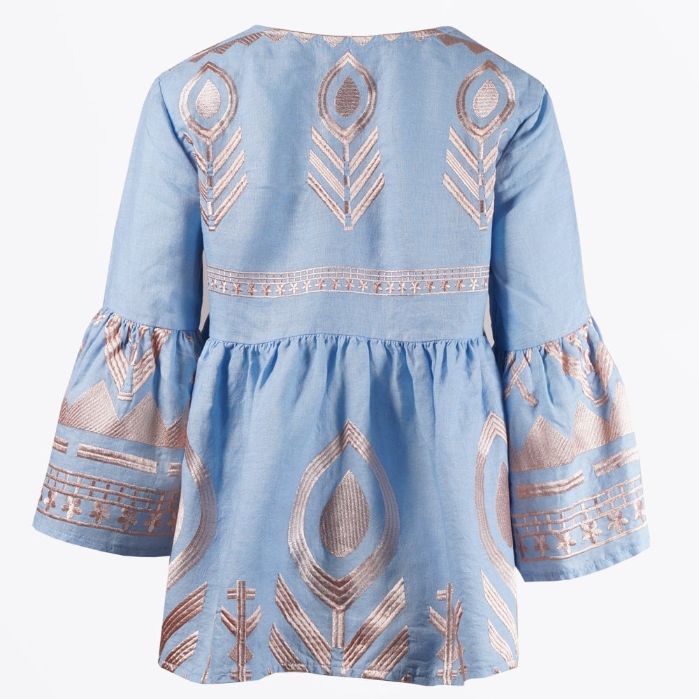 Linen Feather Embroidered Top - Light Blue