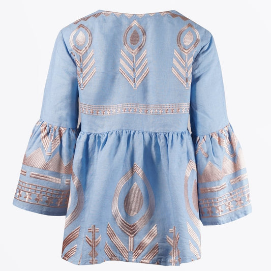 Linen Feather Embroidered Top - Light Blue