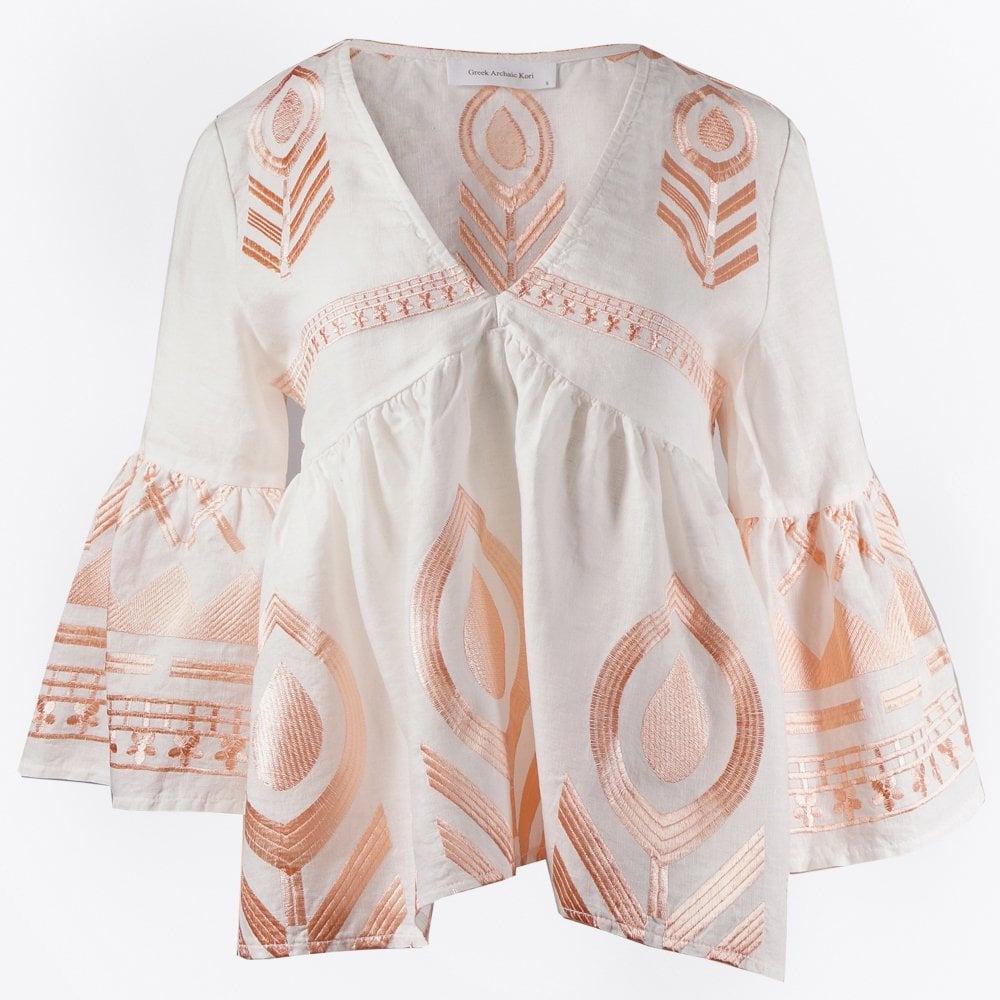 Greek Linen Feather Embroidered Top - White