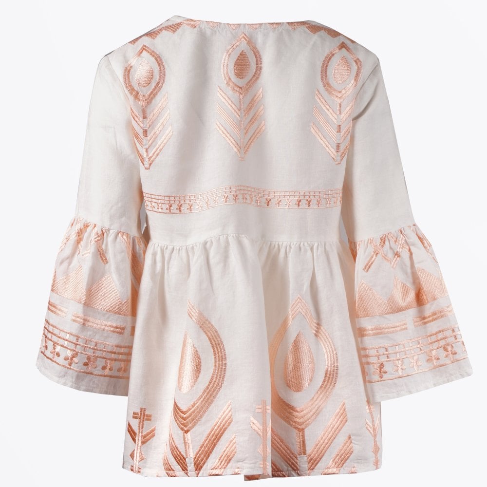 Greek Linen Feather Embroidered Top - White