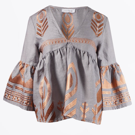 Linen Feather Embroidered Top - Grey