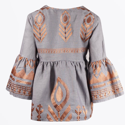 Linen Feather Embroidered Top - Grey