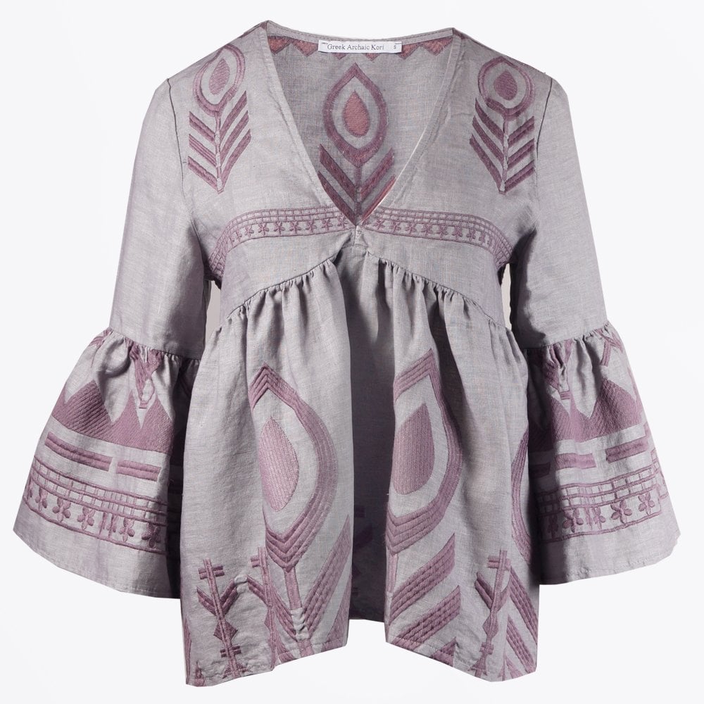 Greek Linen Feather Embroidered Top - Grey