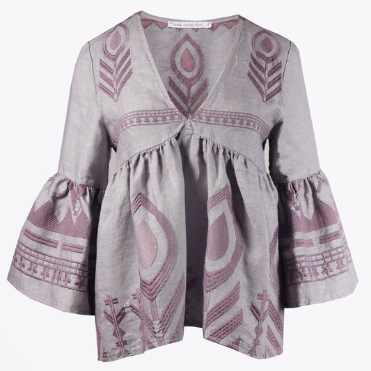Linen Feather Embroidered Top - Grey