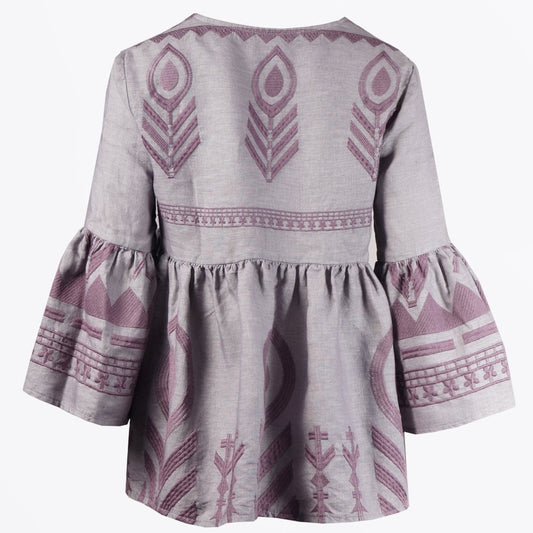 Linen Feather Embroidered Top - Grey
