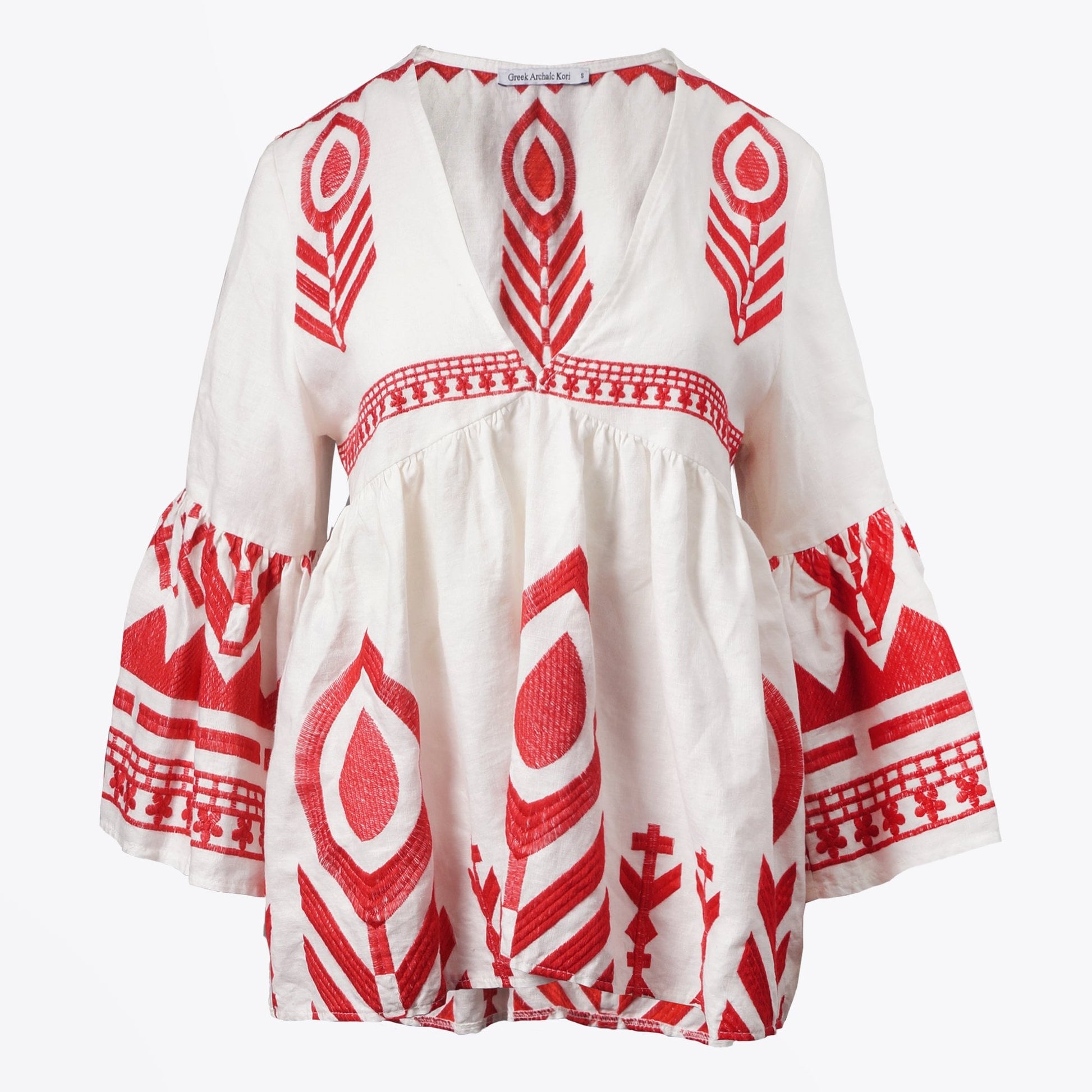Greek Linen Feather Embroidered Top - White