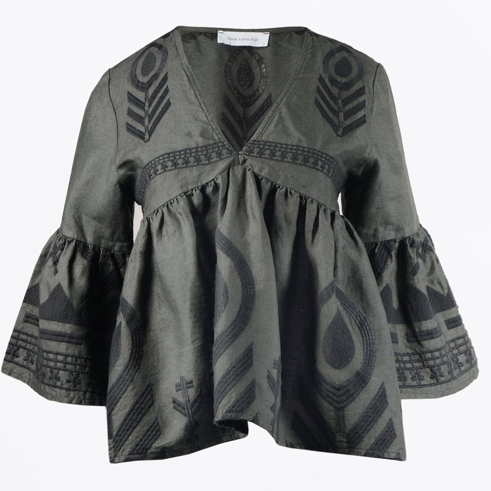Greek Linen Feather Embroidered Top - Khaki