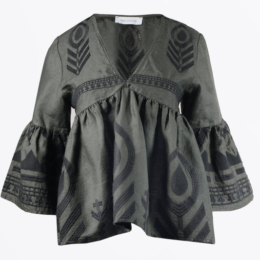 Linen Feather Embroidered Top - Khaki