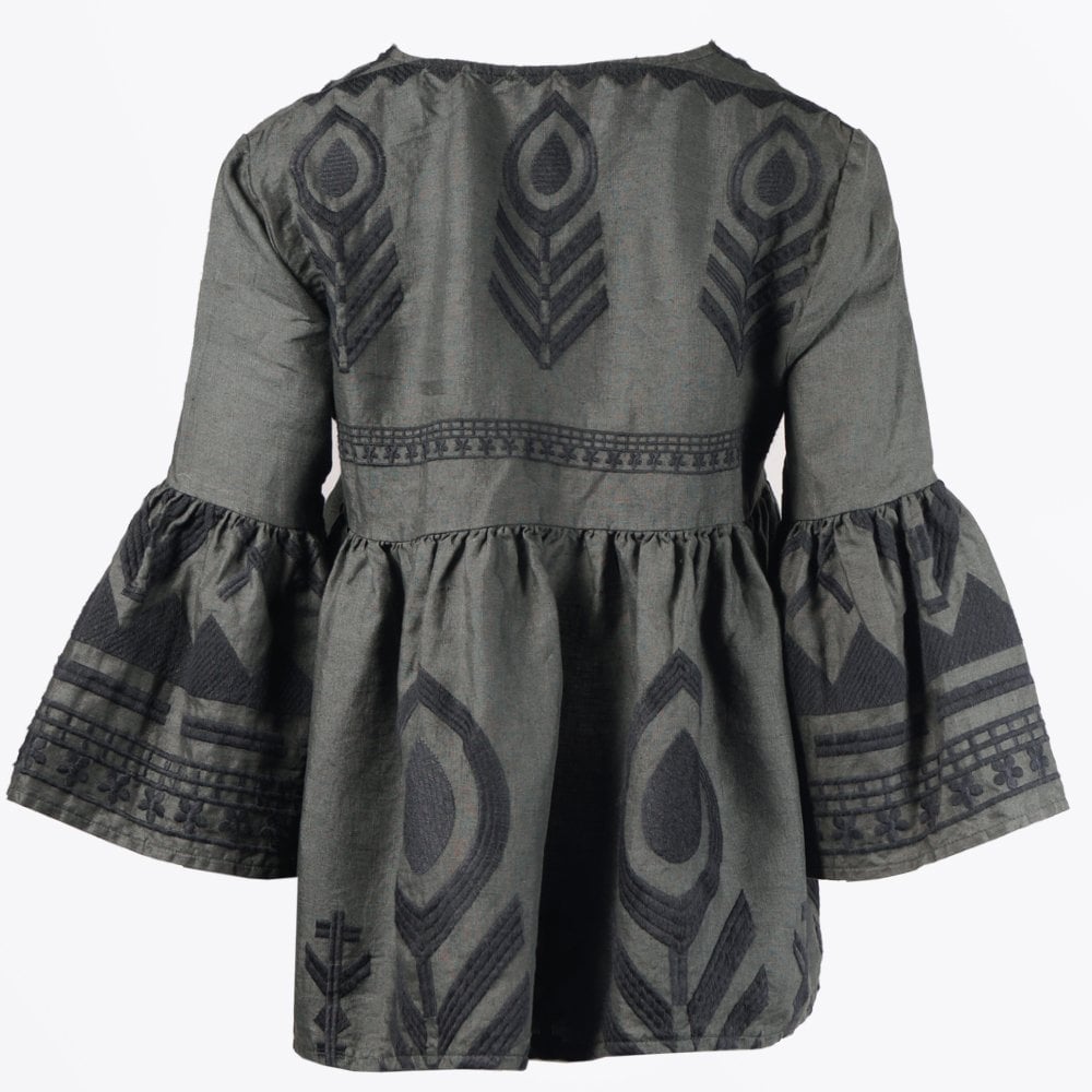 Greek Linen Feather Embroidered Top - Khaki