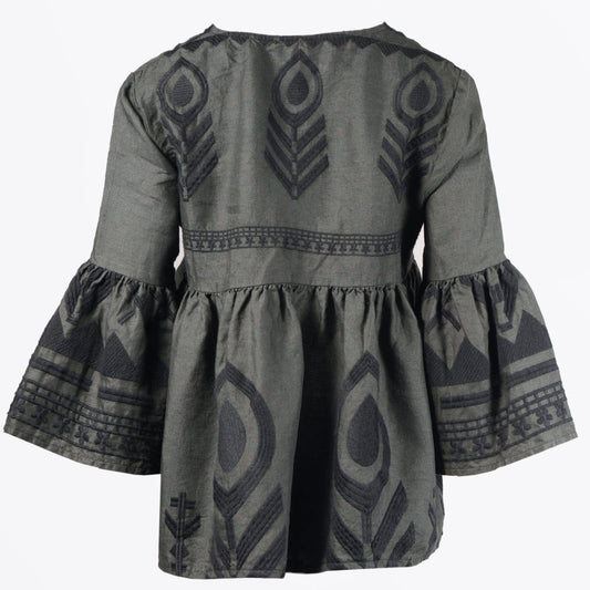 Linen Feather Embroidered Top - Khaki