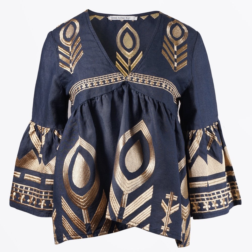 Greek Linen Feather Embroidered Top - Navy