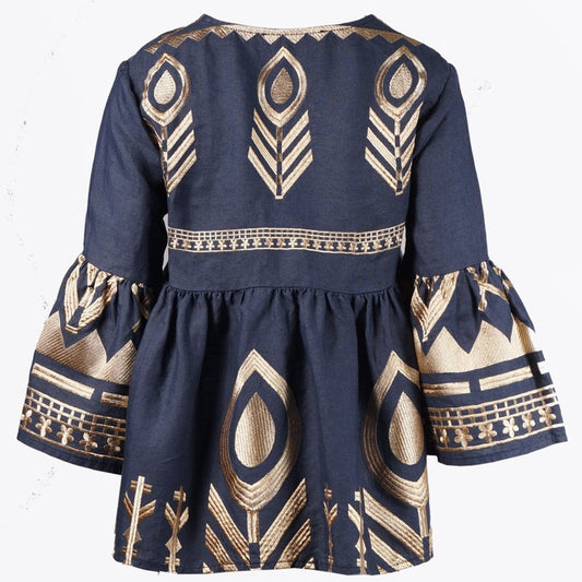 Linen Feather Embroidered Top - Navy