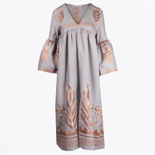 Linen Feather Embroidered Midi Dress - Grey